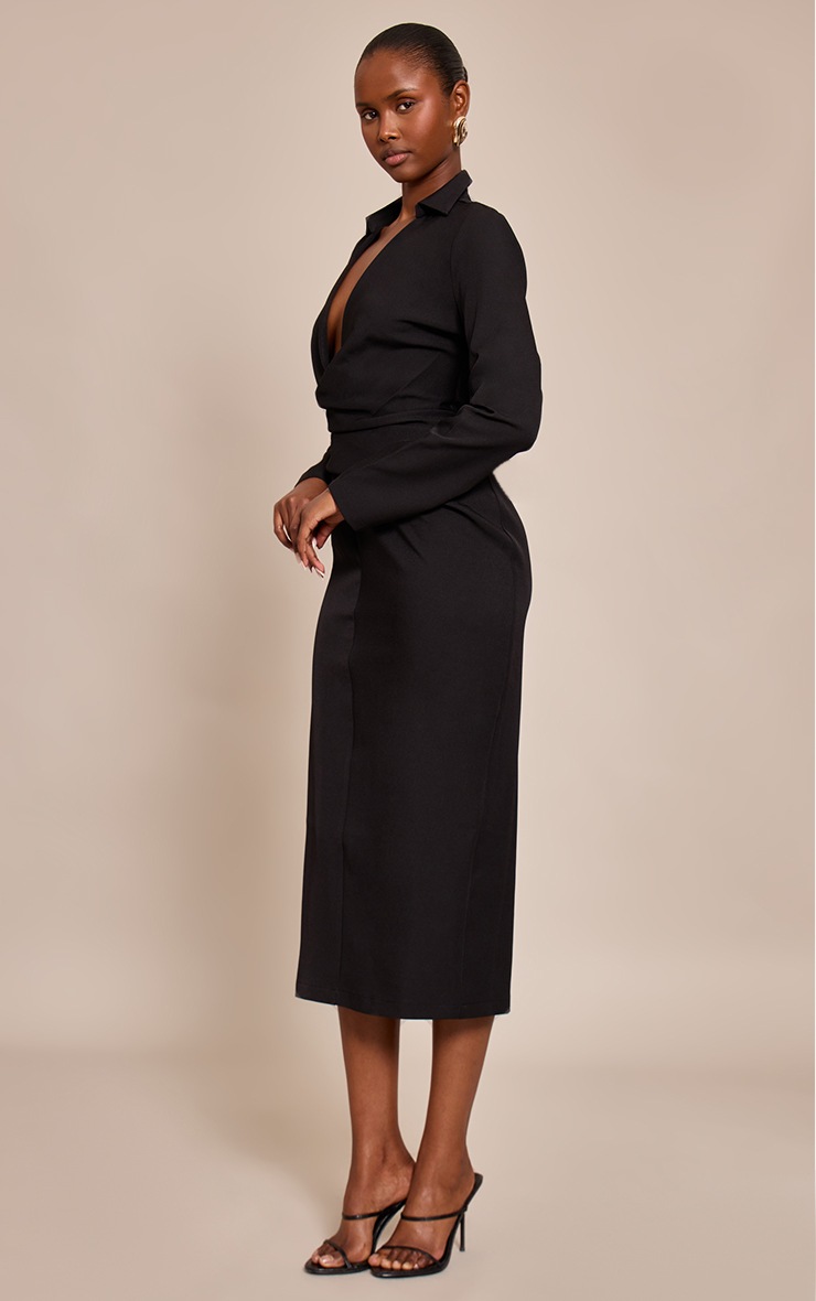 Pretty Little Thing Black Woven Wrap Detail Long Sleeve Maxi Dress