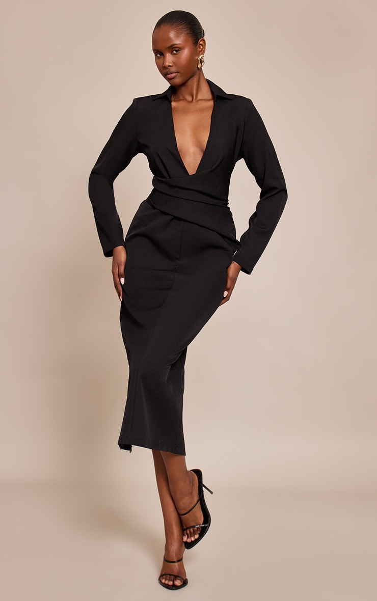 Pretty Little Thing Black Woven Wrap Detail Long Sleeve Maxi Dress