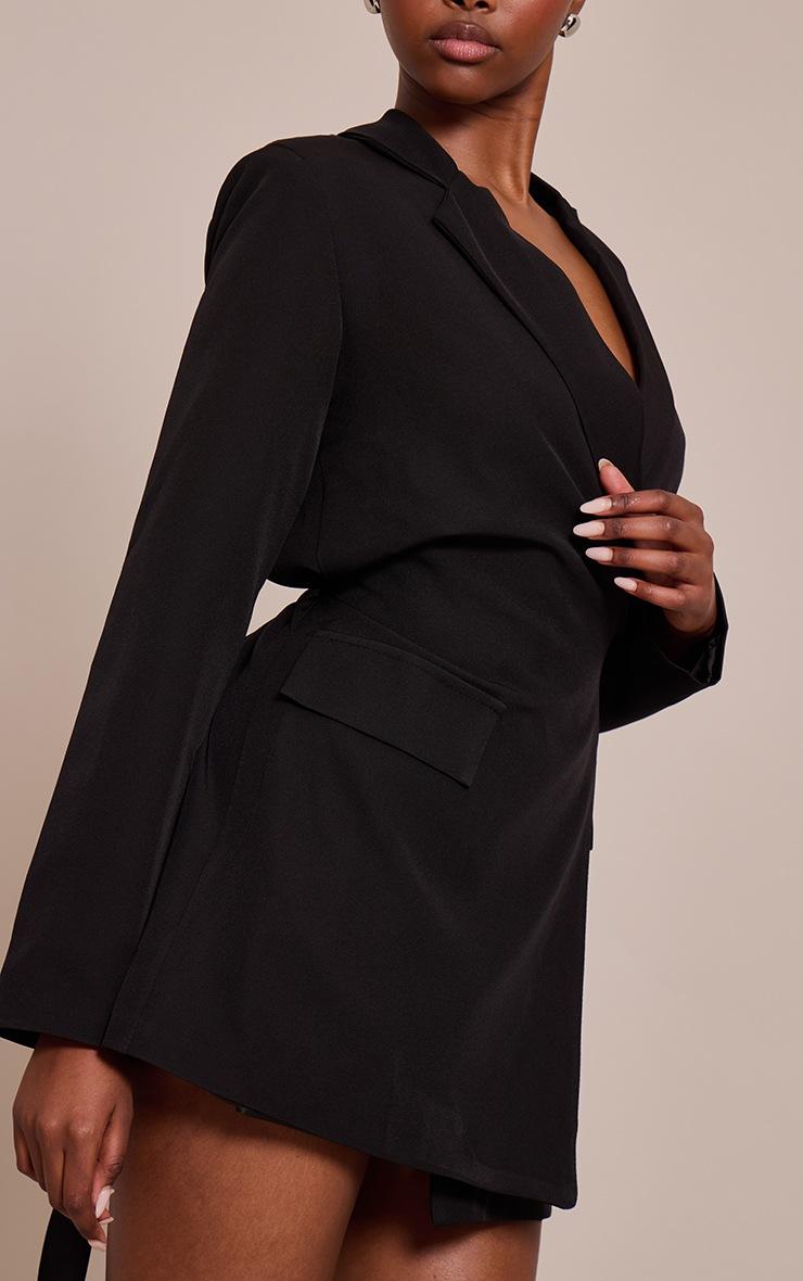 Pretty Little Thing Black Woven Wrap Tie Blazer Dress
