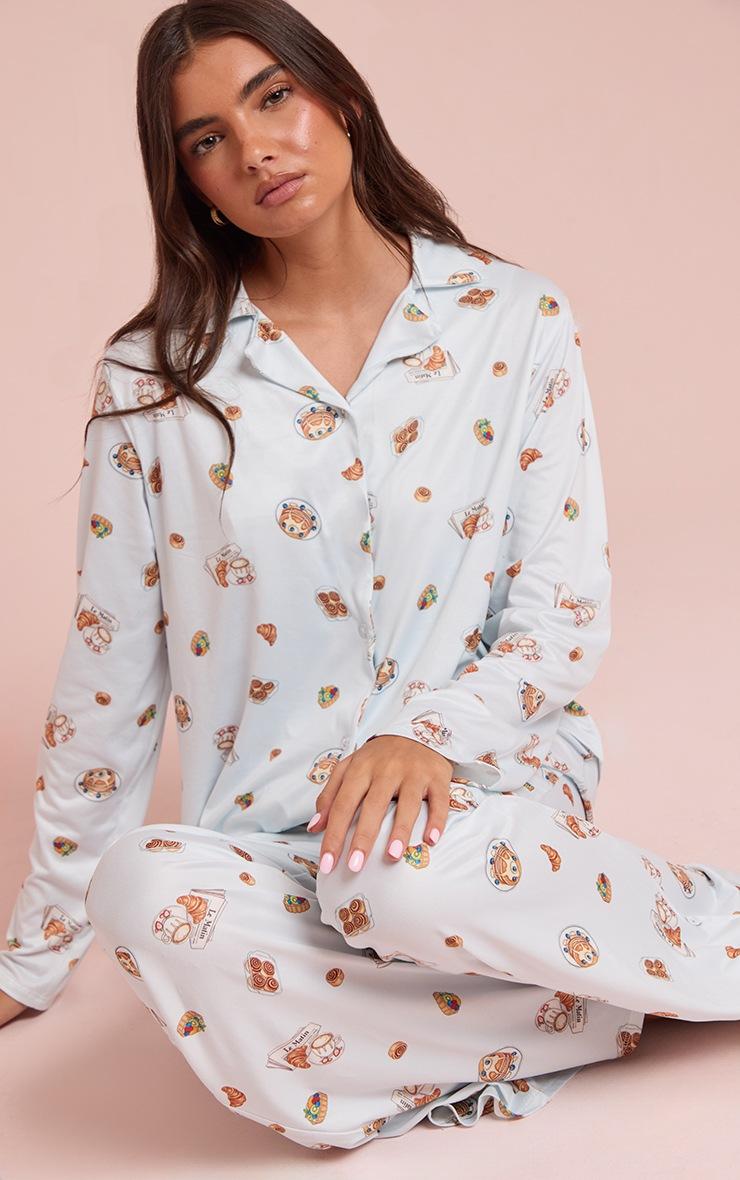 Pretty Little Thing Blue Breakfast Printed Long Sleeve Button Through PJ Set