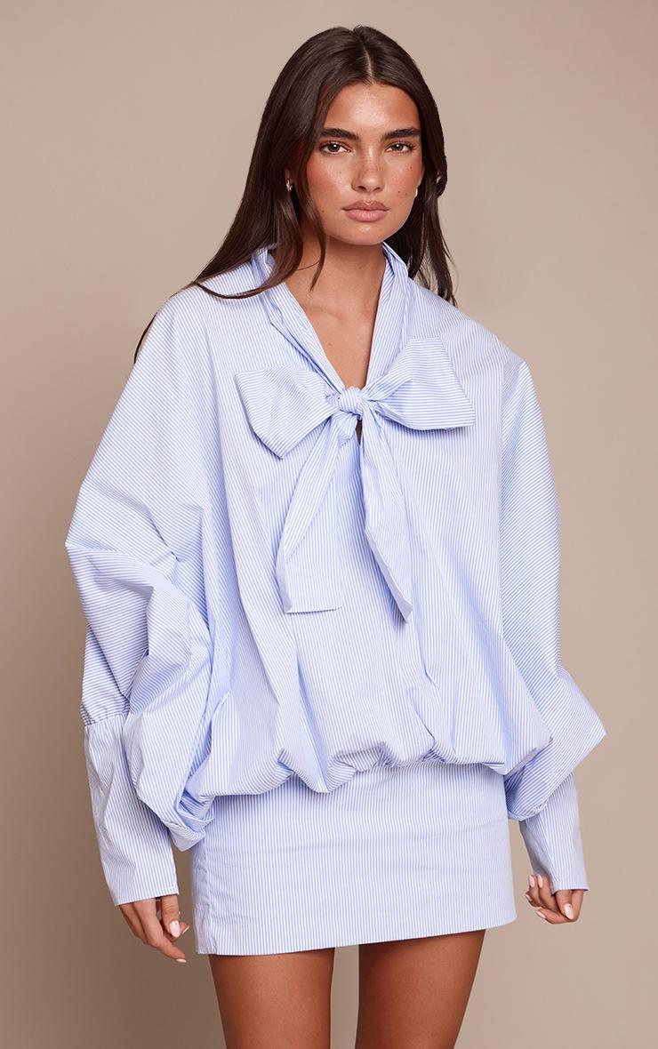 Pretty Little Thing Blue Pinstripe Tie Detail Slouchy Shirt Dress