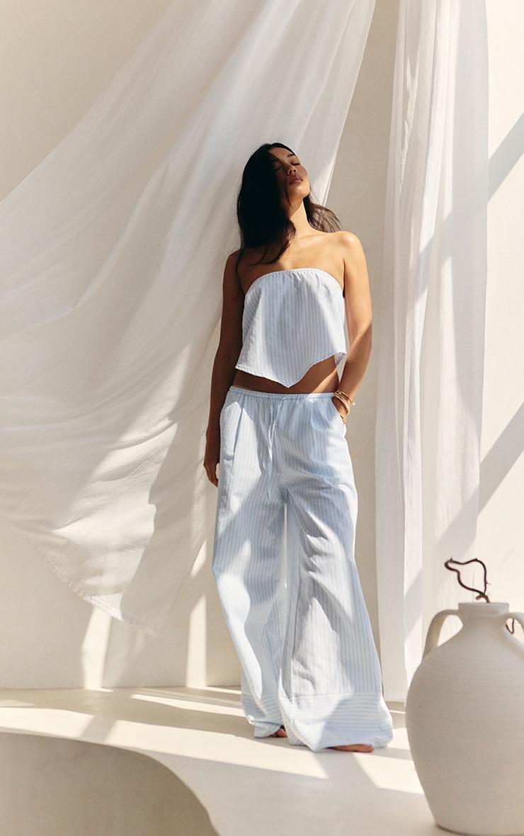 Pretty Little Thing Blue Pinstriped Bandeau Dipped Hem Top