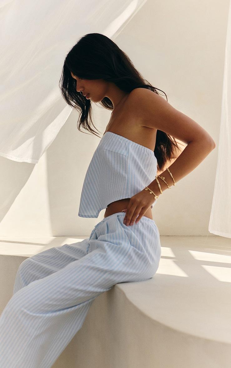 Pretty Little Thing Blue Pinstriped Bandeau Dipped Hem Top