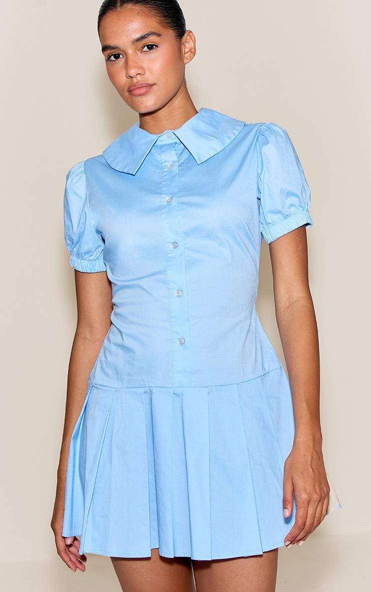 Pretty Little Thing Blue Poplin Button Down Pleated Hem Shift Dress