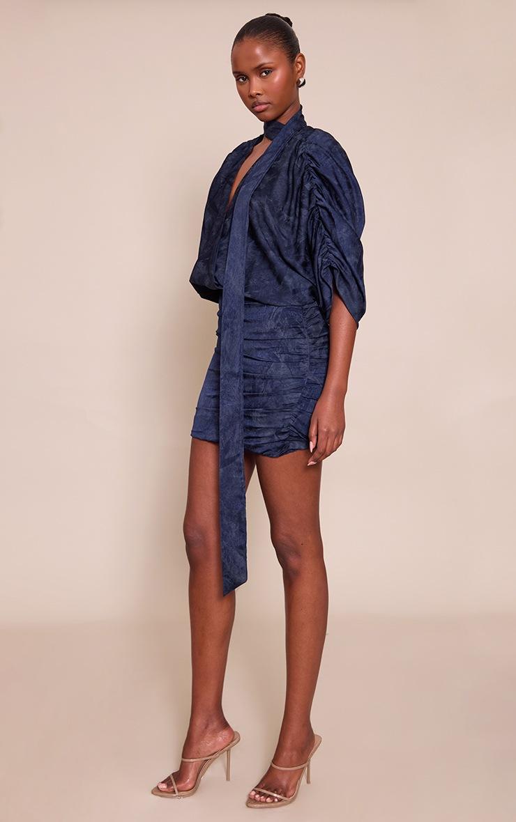 Pretty Little Thing Blue Print Satin V Neck Mini Dress