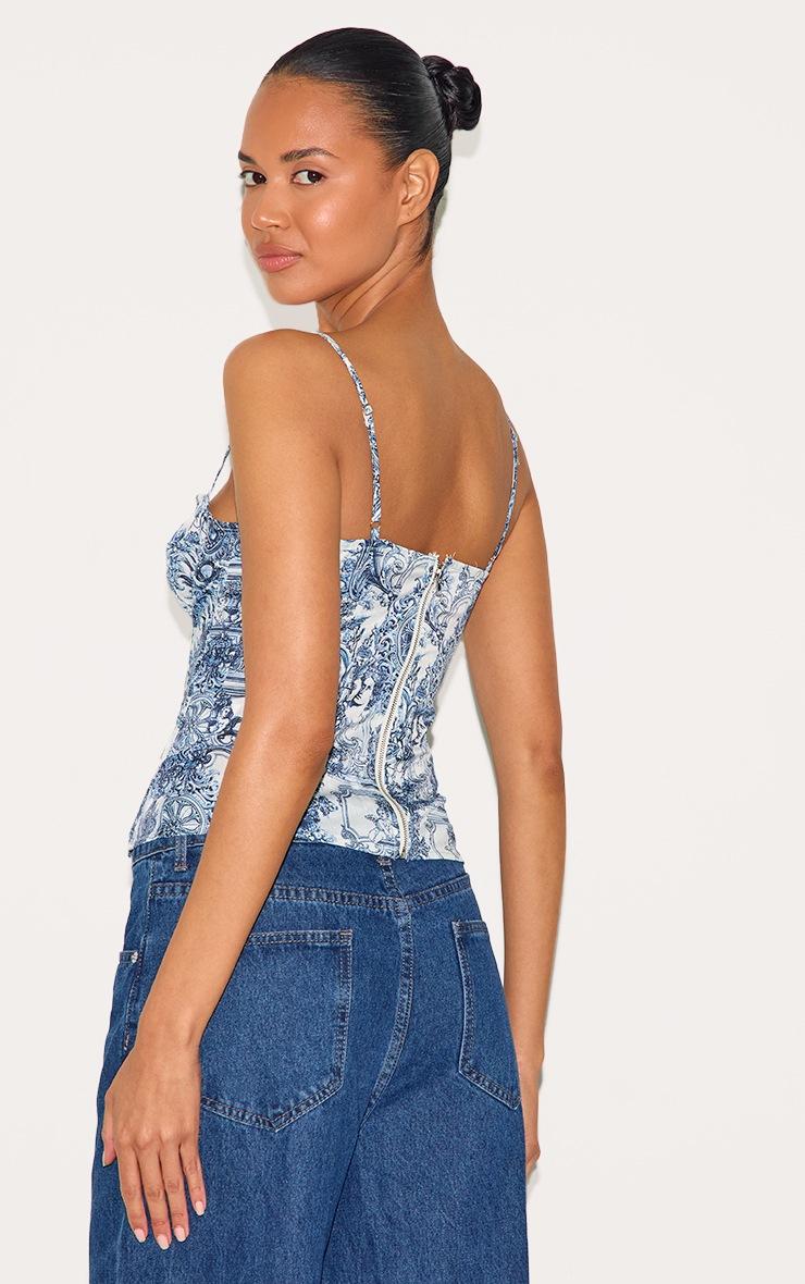 Pretty Little Thing Blue Renaissance Print Structured Corset Top