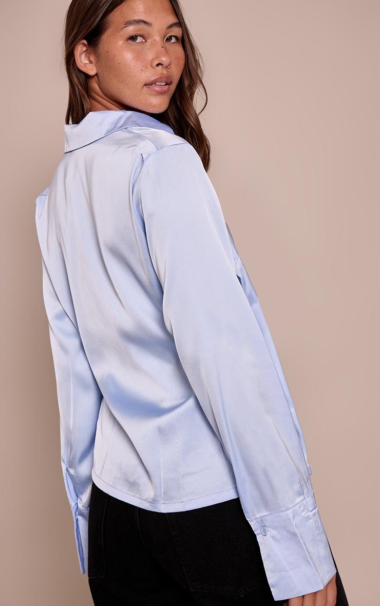 Pretty Little Thing Blue Satin Tie Waist Detail Slouchy Shirt