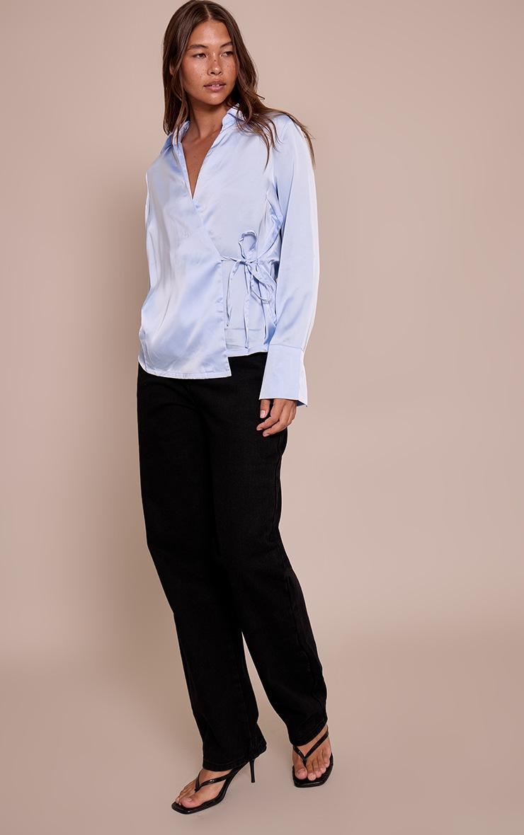 Pretty Little Thing Blue Satin Tie Waist Detail Slouchy Shirt