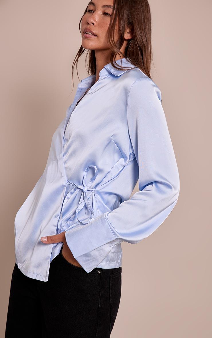 Pretty Little Thing Blue Satin Tie Waist Detail Slouchy Shirt