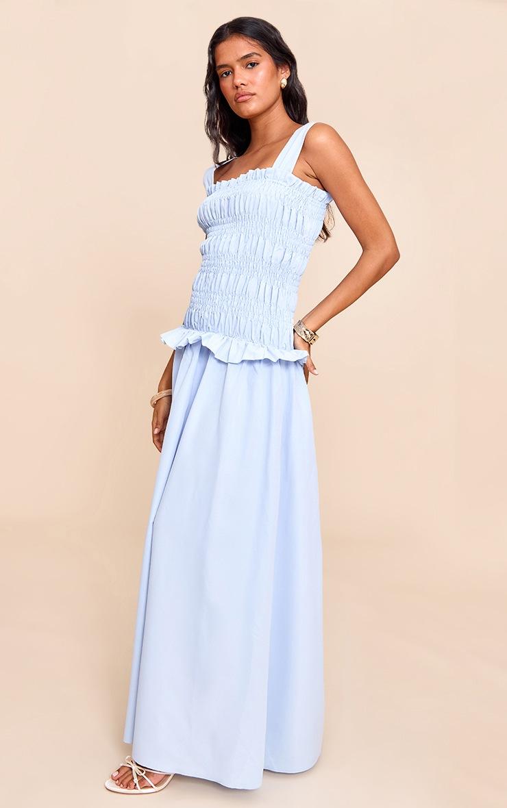Pretty Little Thing Blue Shirred Frill Detail Maxi Dress