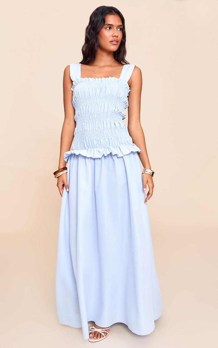 Pretty Little Thing Blue Shirred Frill Detail Maxi Dress