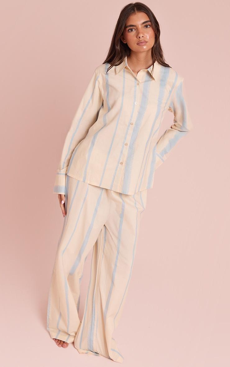 Pretty Little Thing Blue Stripe Button Up Wide Leg Pajama Set