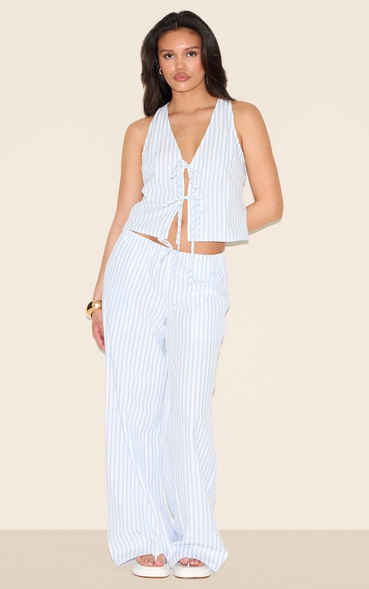 Pretty Little Thing Blue Striped Sleeveless Tie Front Top