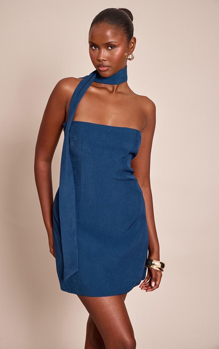 Pretty Little Thing Blue Woven Scarf Detail Bandeau Shift Dress