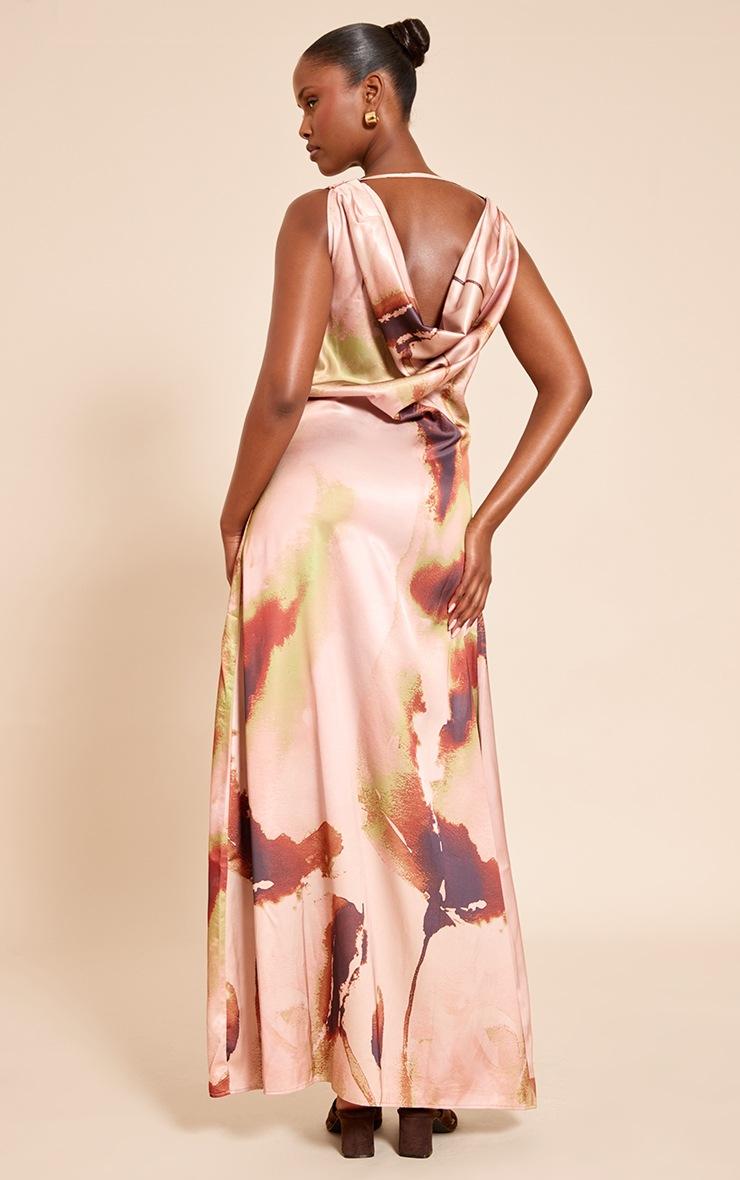 Pretty Little Thing Blush Abstract Floral Print Satin Extreme Cowl Maxi Dress