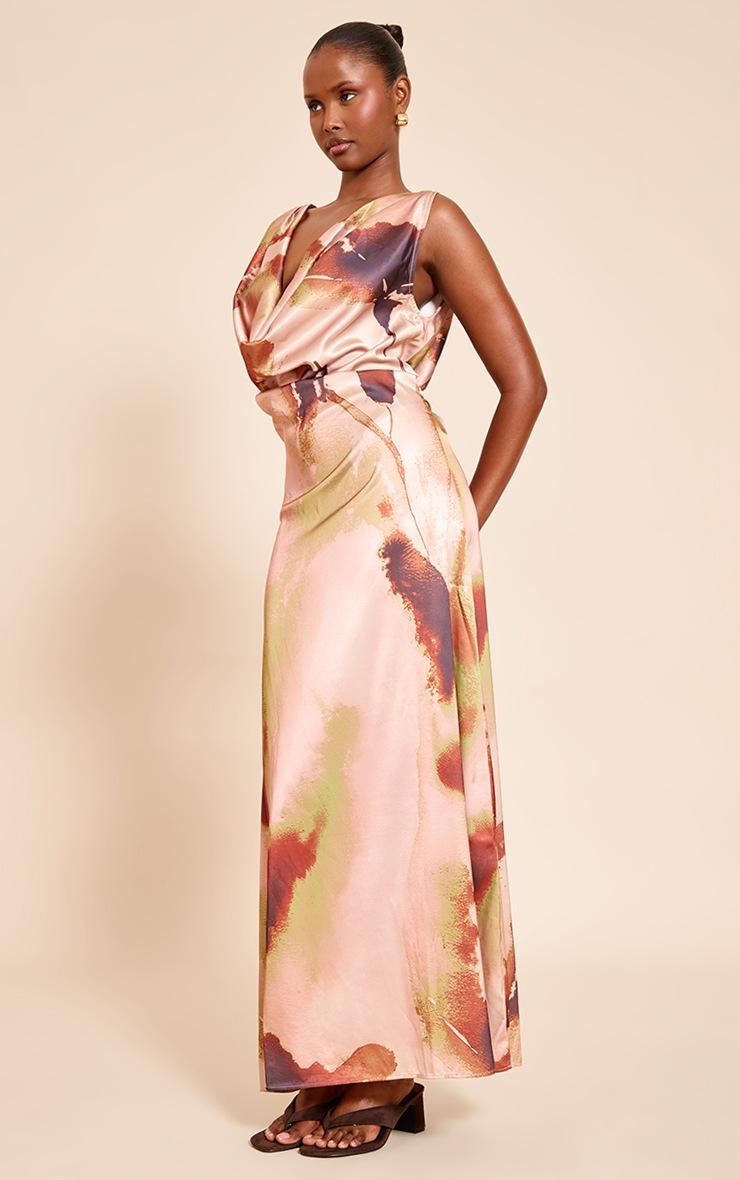 Pretty Little Thing Blush Abstract Floral Print Satin Extreme Cowl Maxi Dress