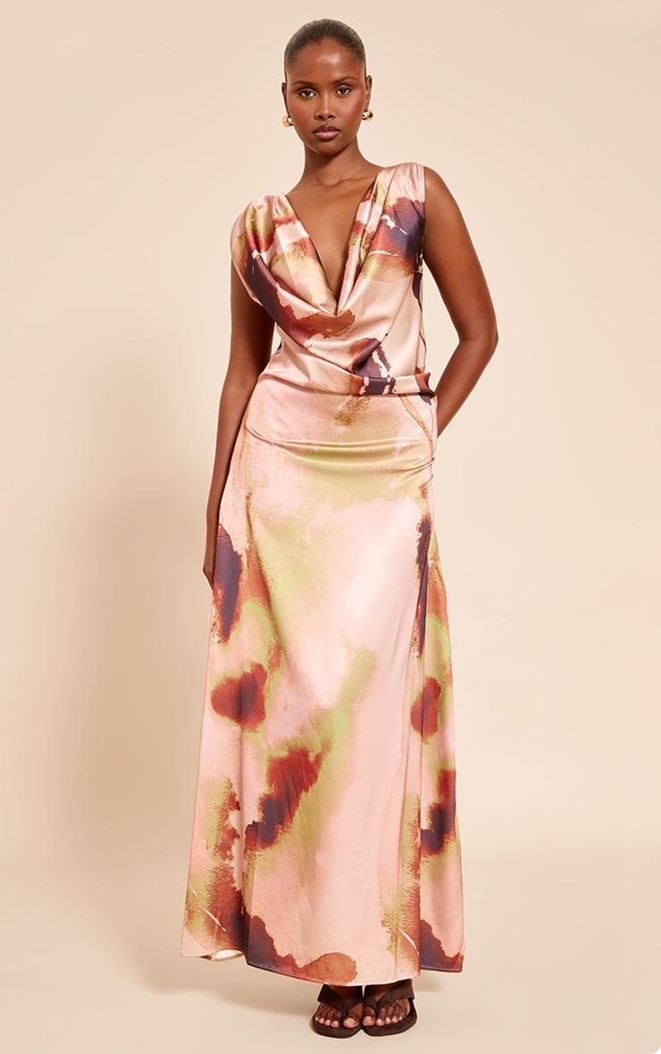 Pretty Little Thing Blush Abstract Floral Print Satin Extreme Cowl Maxi Dress