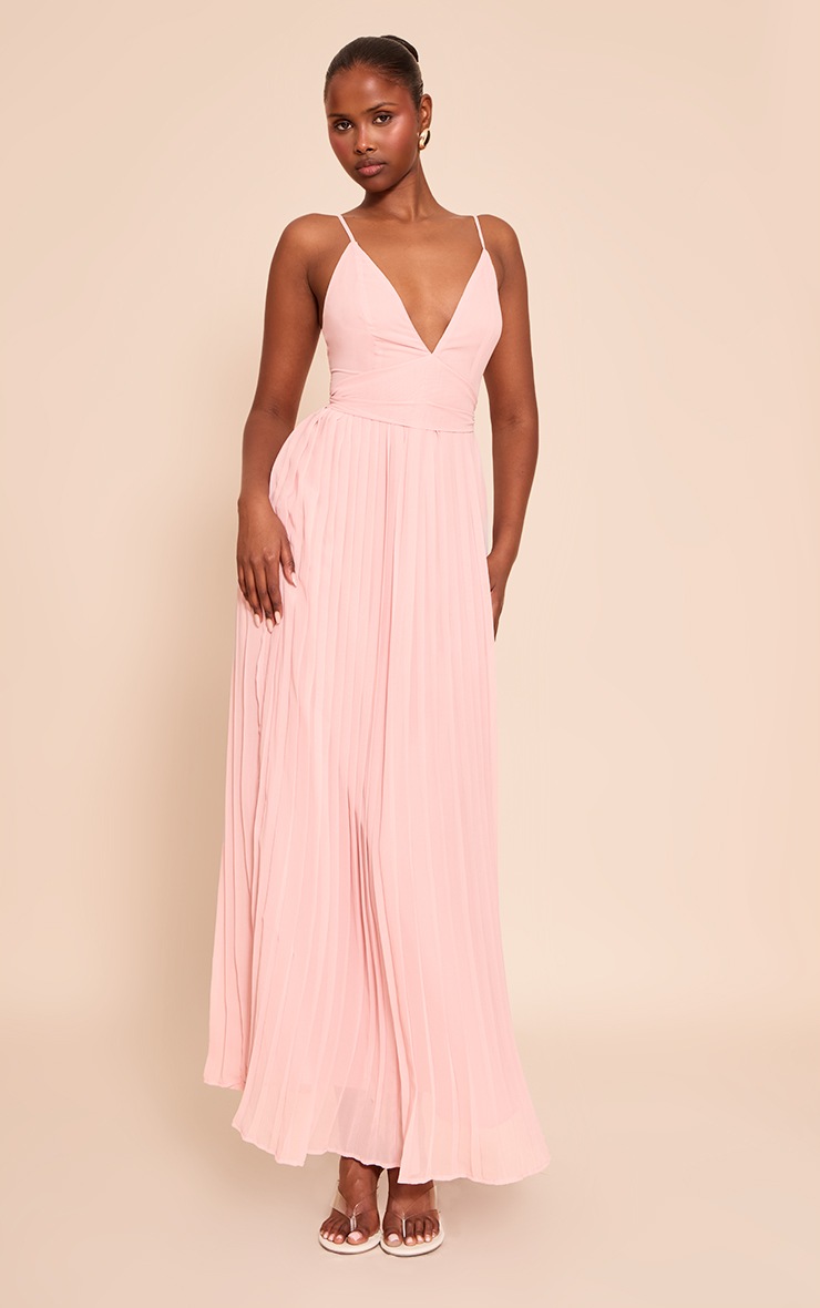 Pretty Little Thing Blush Chiffon Strappy Pleated Belt Detail Maxi Dress