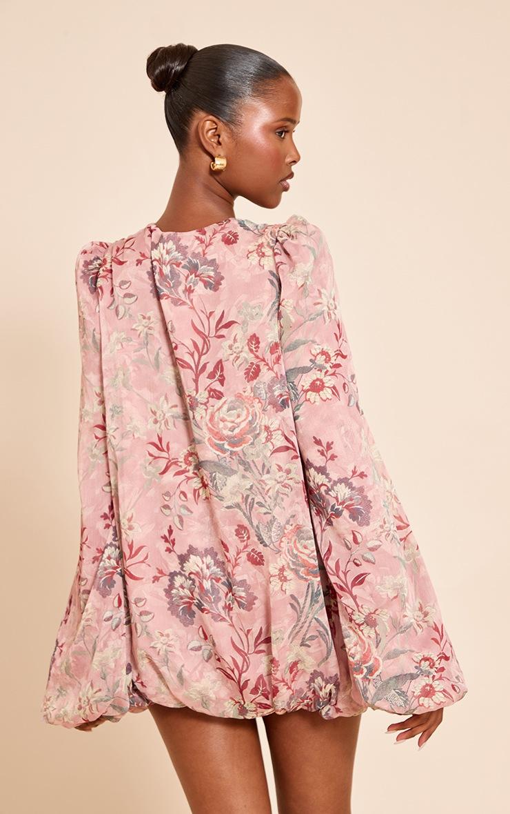 Pretty Little Thing Blush Floral Print Plunge Puff Sleeve Shift Dress