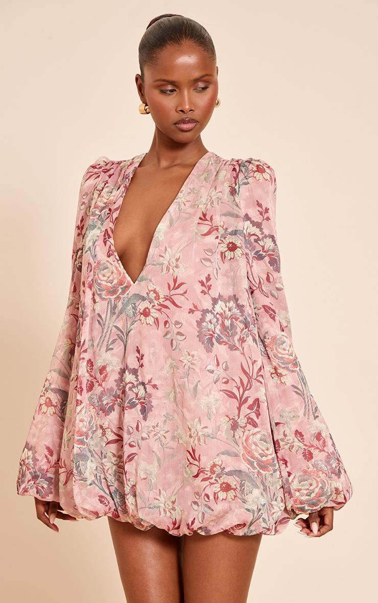 Pretty Little Thing Blush Floral Print Plunge Puff Sleeve Shift Dress