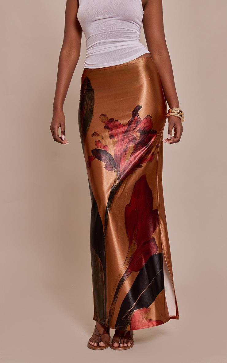Pretty Little Thing Blush Floral Print Stretch Satin Maxi Skirt