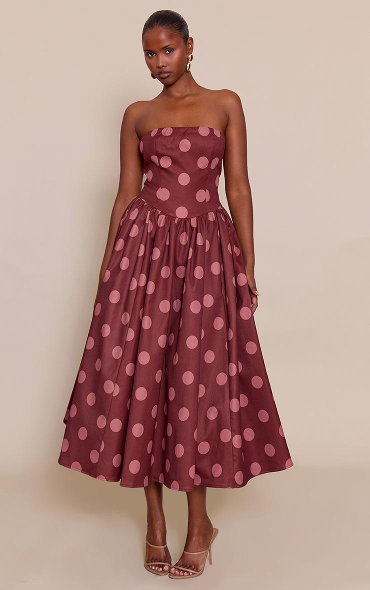 Pretty Little Thing Blush Polka Dot Woven Bandeau Ruched Skater Midaxi Dress