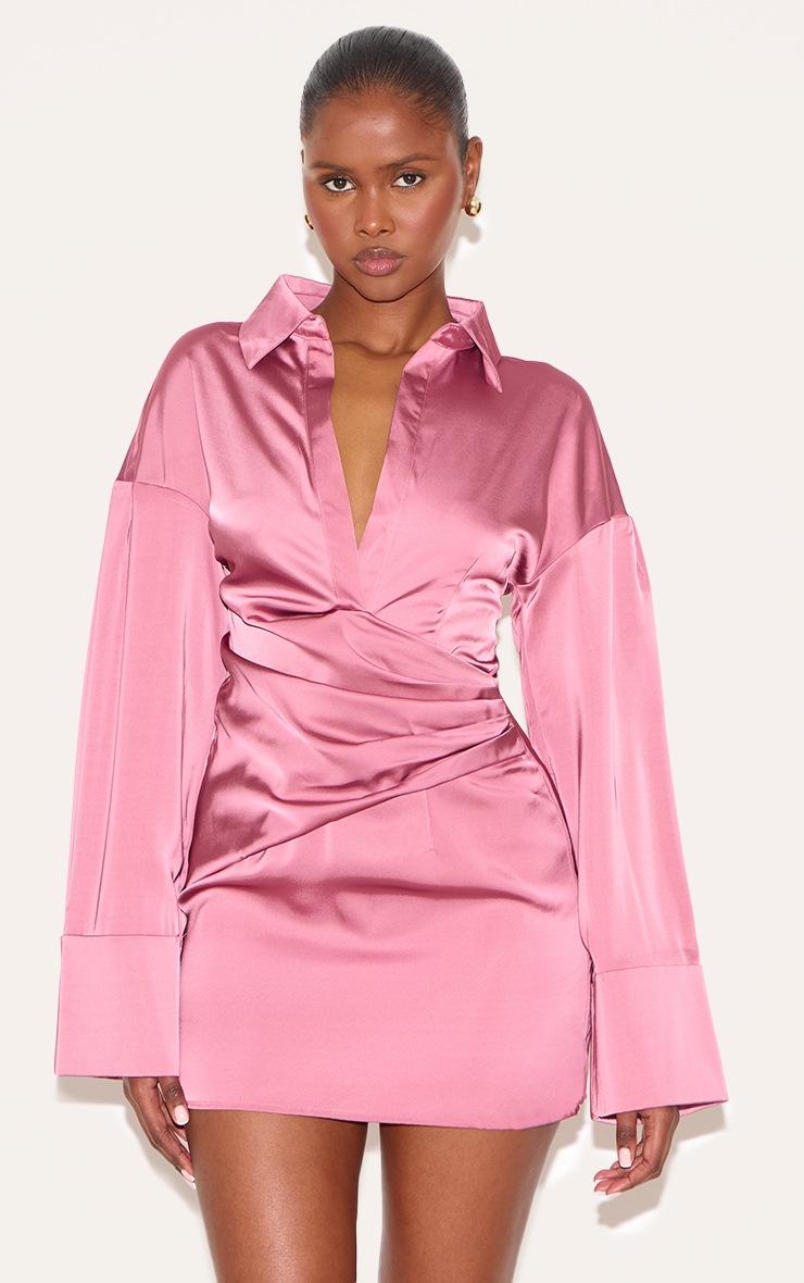Pretty Little Thing Blush Rose Premium Satin Bell Sleeve Shirt Dress