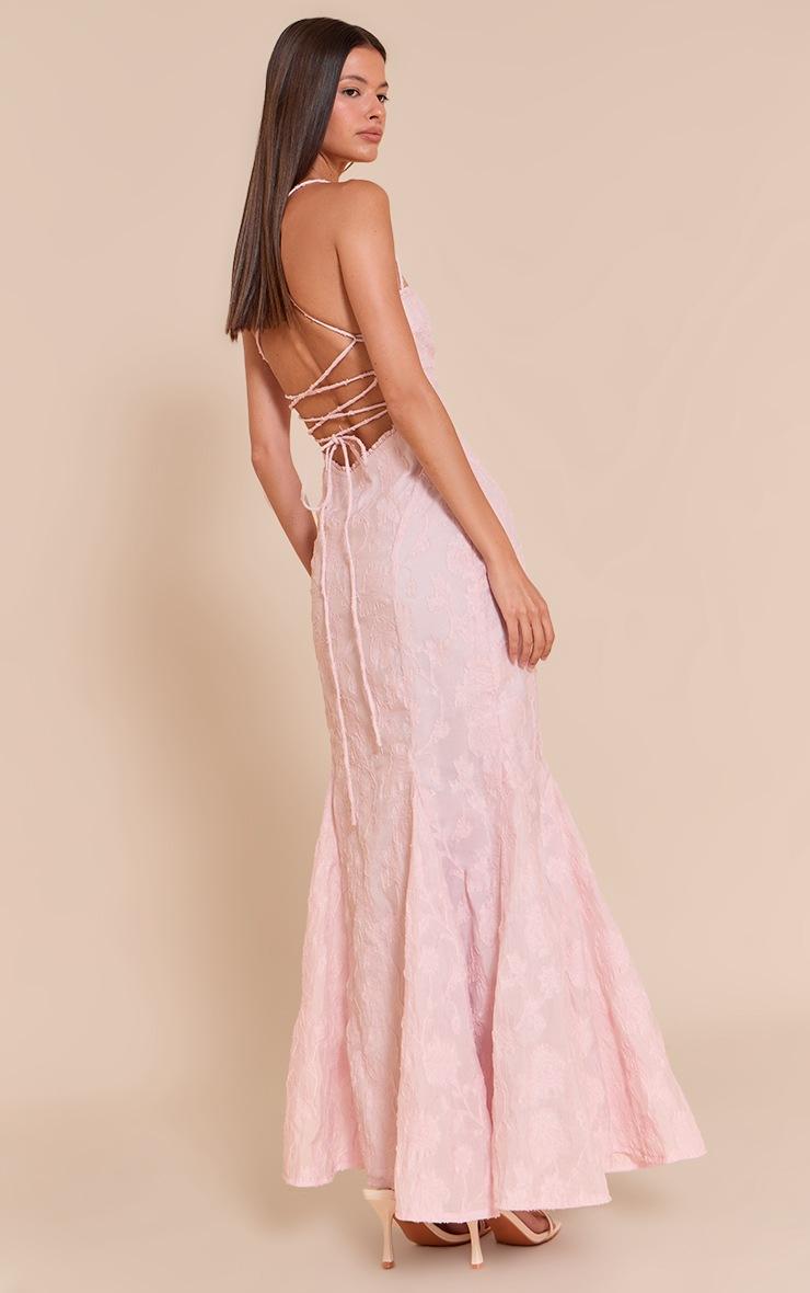 Pretty Little Thing Blush Textured Lace Up Back Maxi Dress
