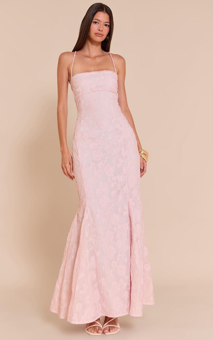Pretty Little Thing Blush Textured Lace Up Back Maxi Dress