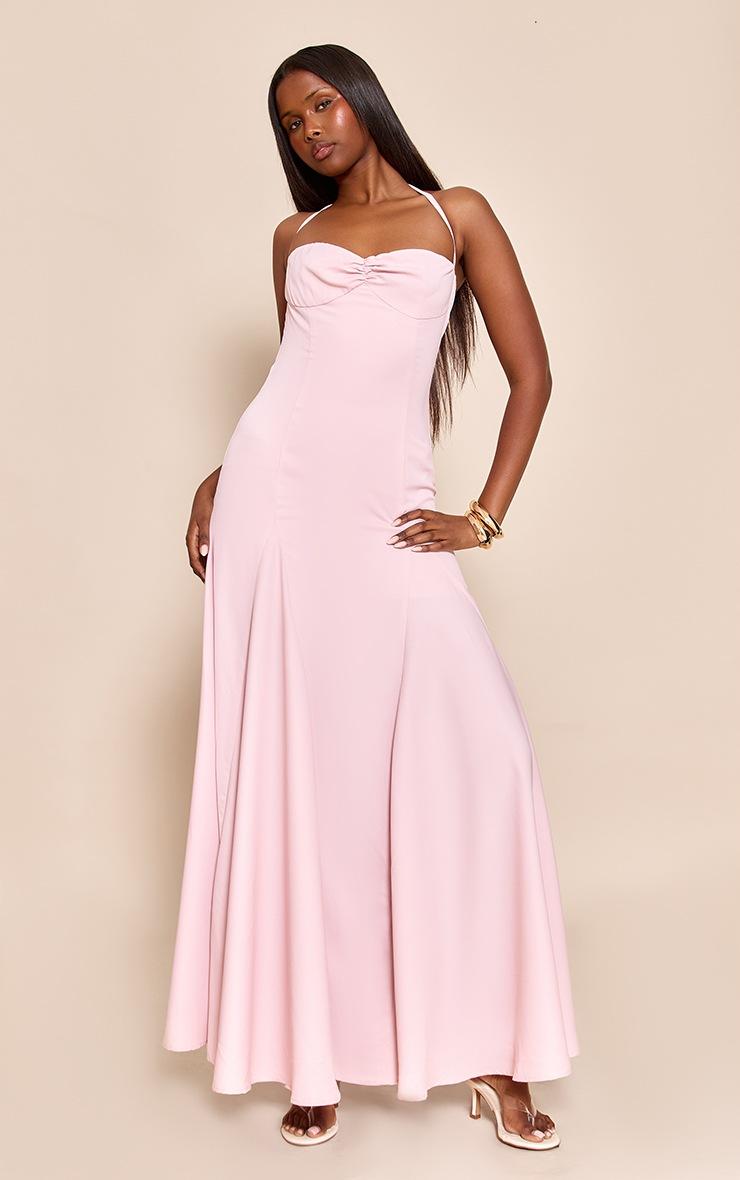 Pretty Little Thing Blush Woven Halterneck Ruched Bust Detail Maxi Dress