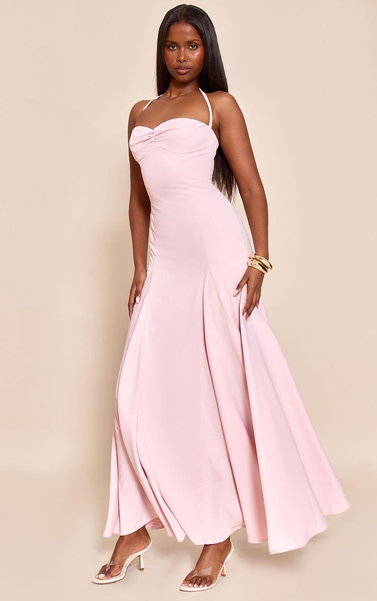 Pretty Little Thing Blush Woven Halterneck Ruched Bust Detail Maxi Dress