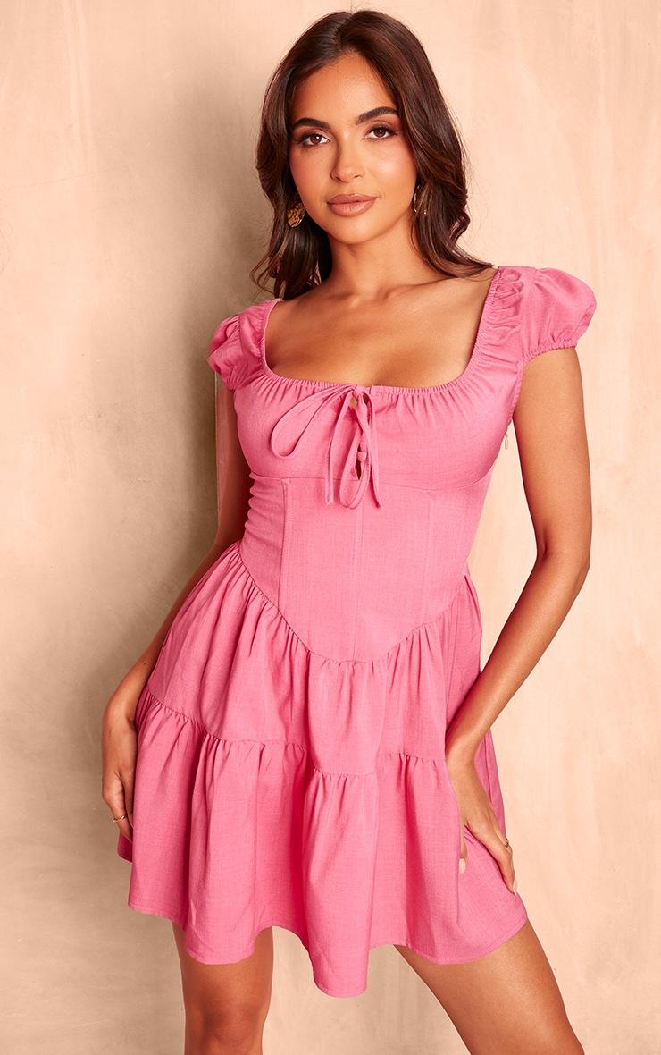 Pretty Little Thing Bright Pink Corset Detail Tie Shift Dress