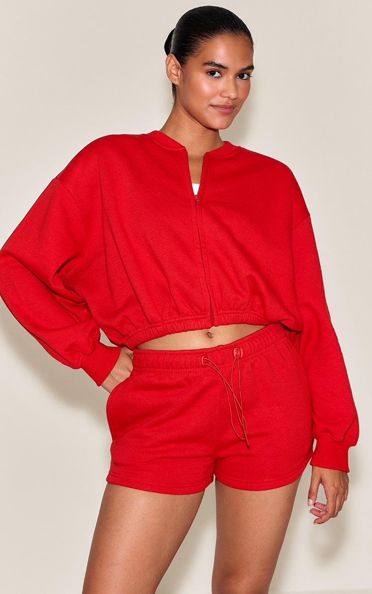 Pretty Little Thing Bright Red Drawcord Waist Cropped Zip Up Sweatshirt