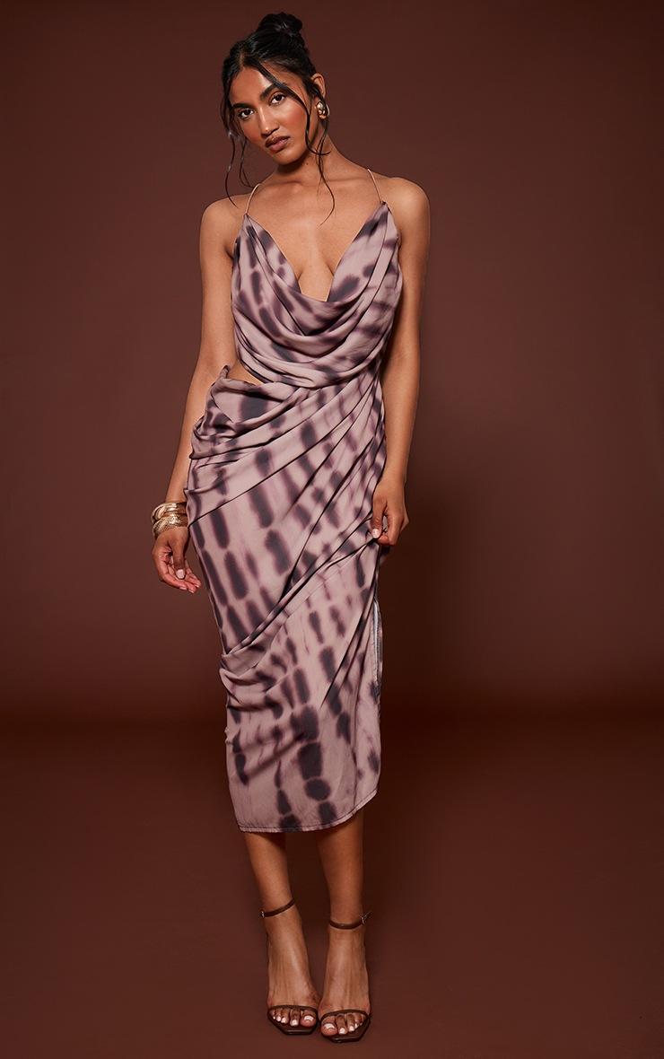Pretty Little Thing Brown Abstract Chiffon Drape Cut Out Midaxi Dress