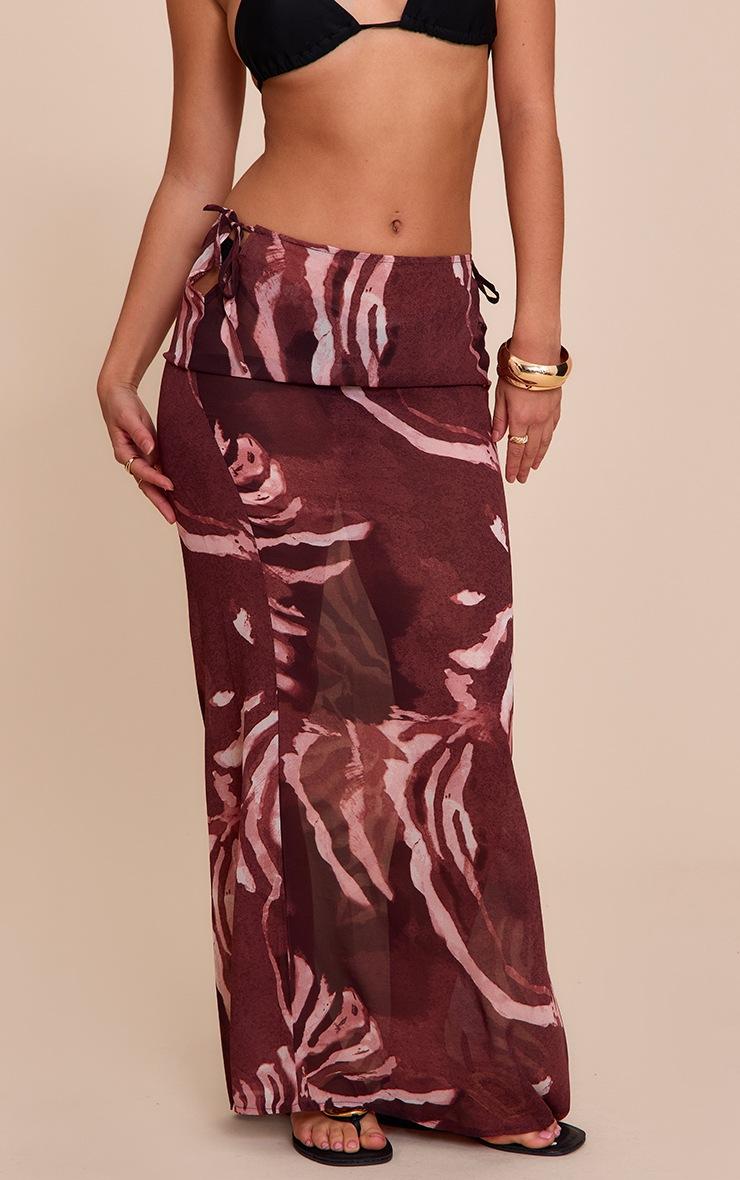 Pretty Little Thing Brown Abstract Print Sheer Low Rise Maxi Skirt