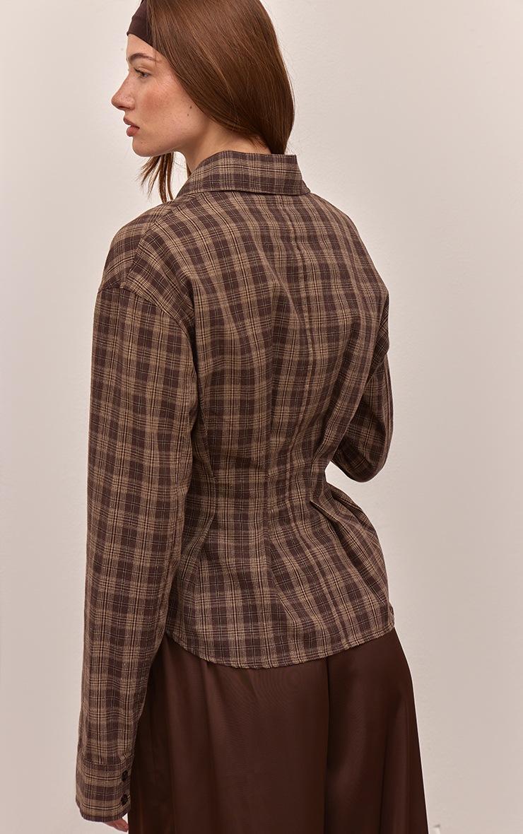 Pretty Little Thing Brown Check Pleated Cinched Waist Shirt