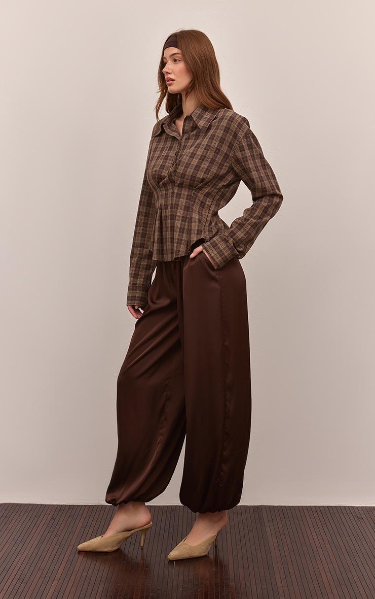 Pretty Little Thing Brown Check Pleated Cinched Waist Shirt