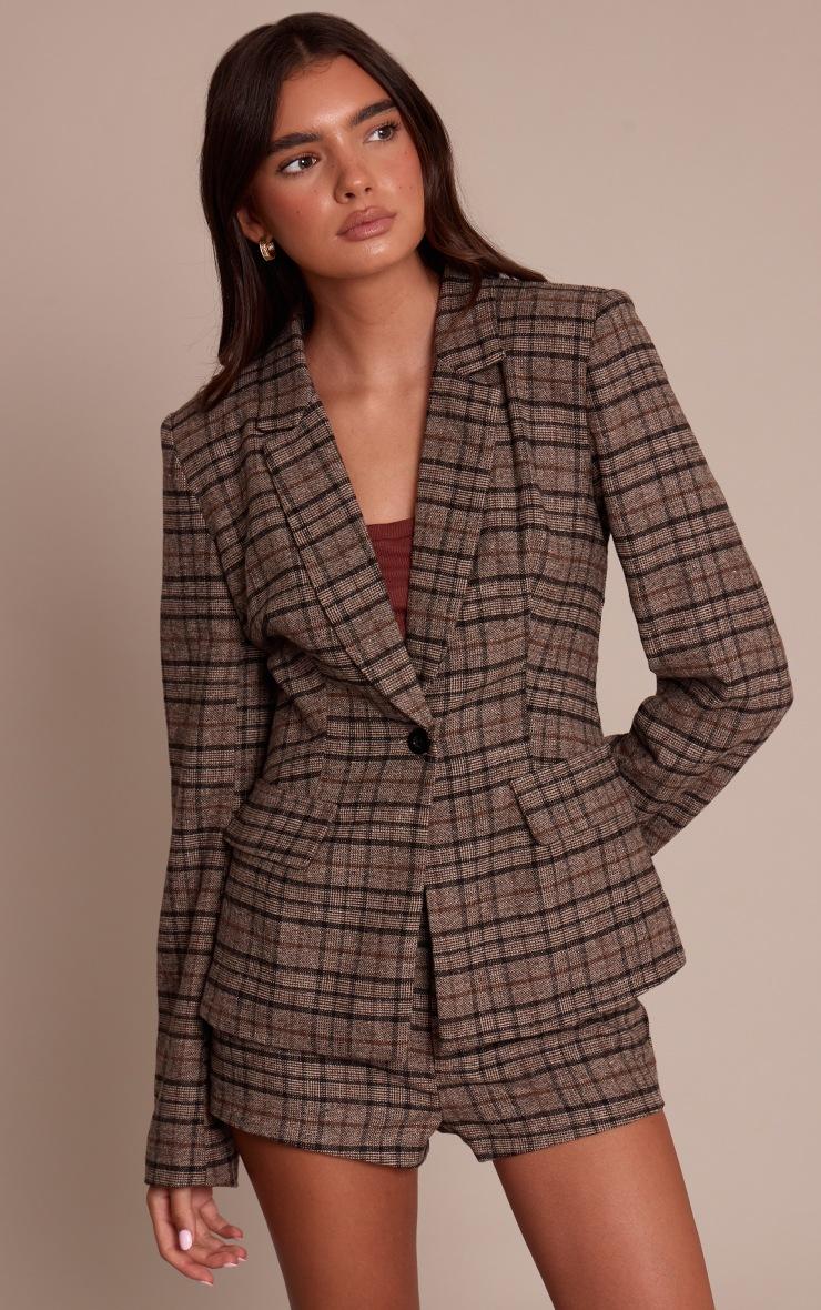 Pretty Little Thing Brown Check Print Longline Blazer