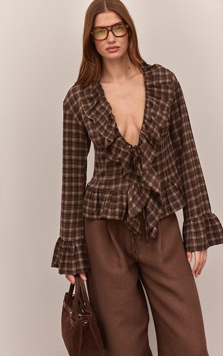 Pretty Little Thing Brown Check Print Ruffle Blouse