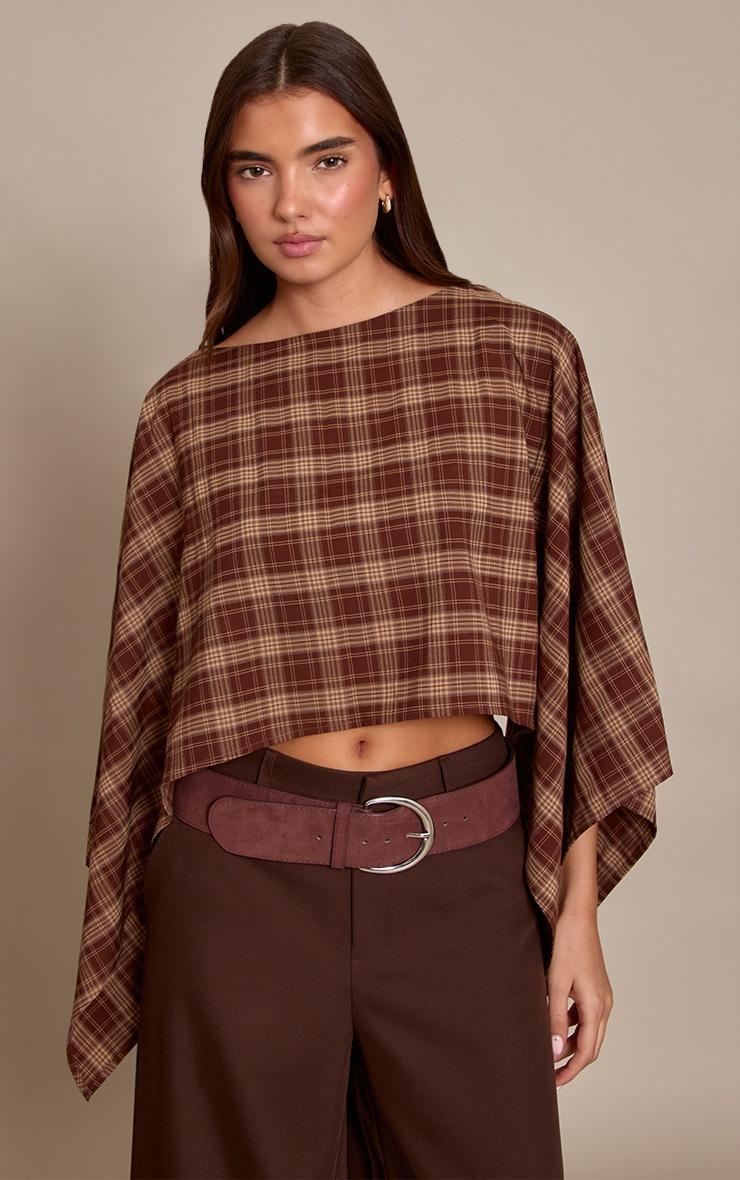 Pretty Little Thing Brown Check Woven Cape Style Top
