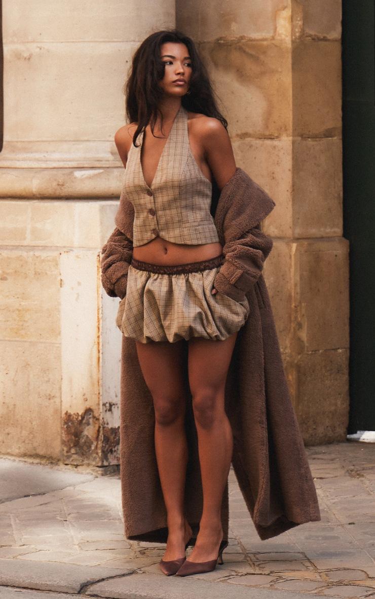 Pretty Little Thing Brown Check Woven Tailored Puff Ball Waistband Skirt