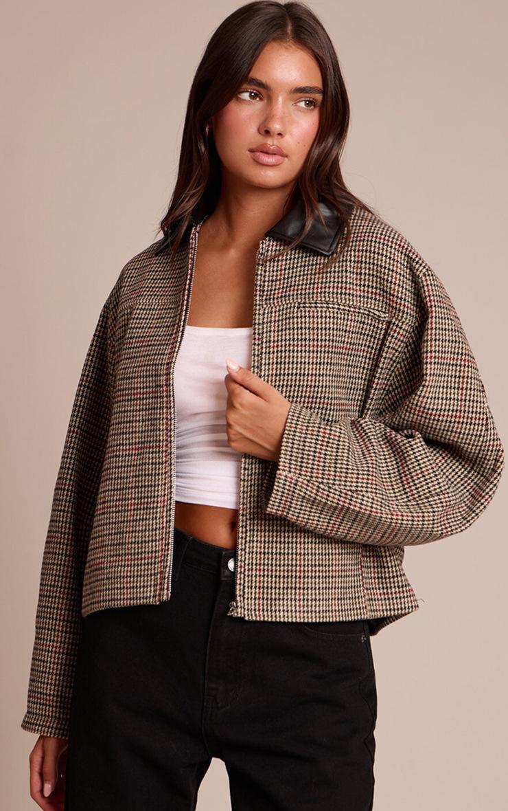 Pretty Little Thing Brown Checked PU Collar Zip Up Jacket