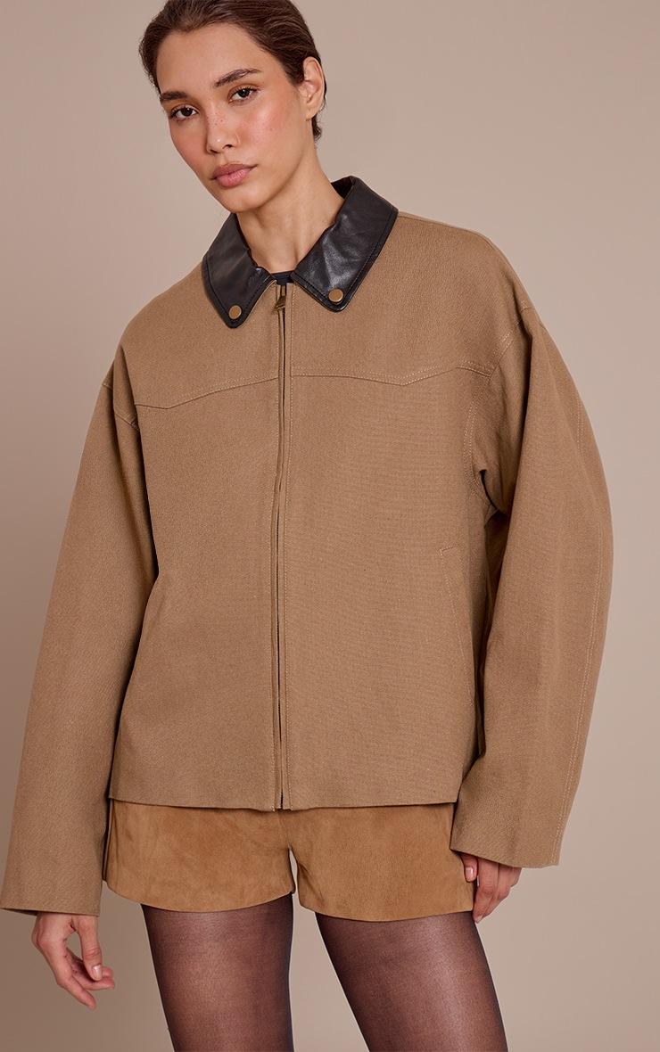 Pretty Little Thing Brown Contrast Collar Twill Oversized Trucker Jacket