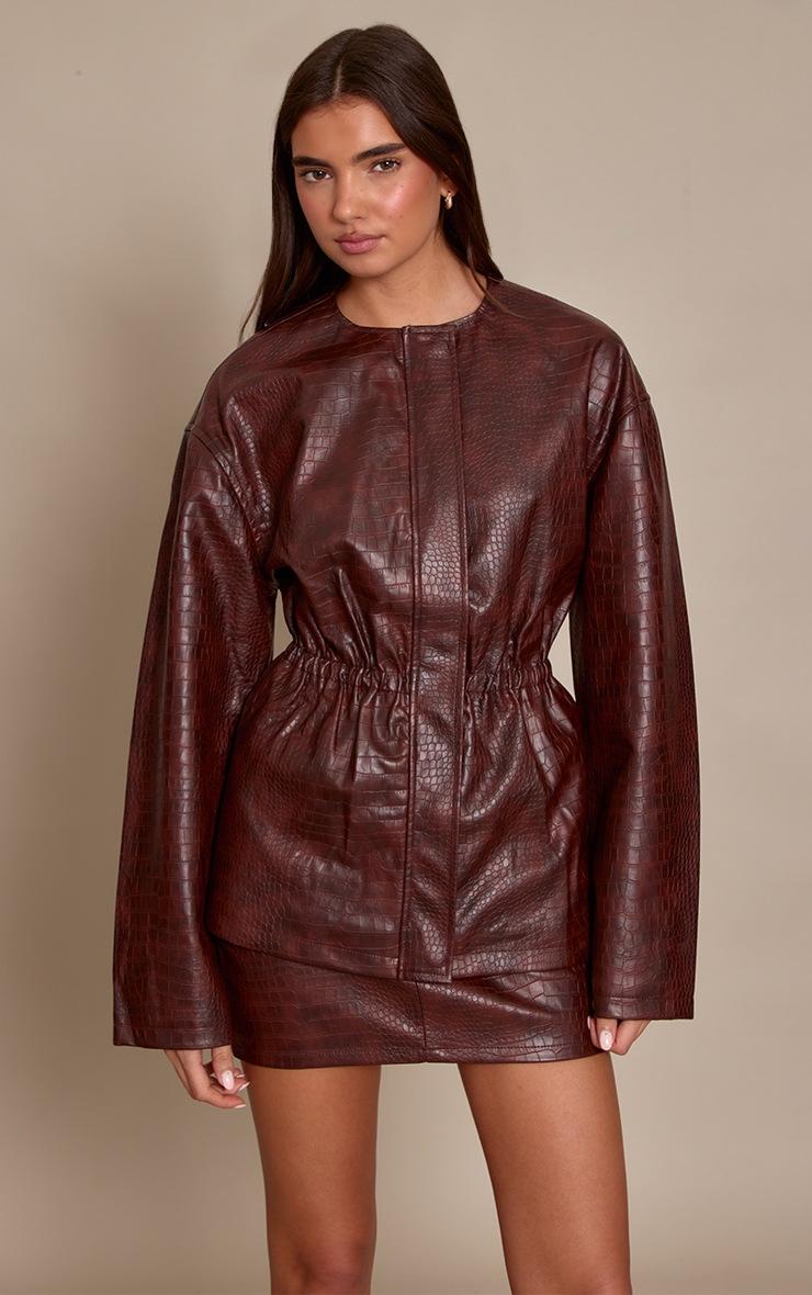 Pretty Little Thing Brown Croc Faux Leather Cinched Waist Jacket