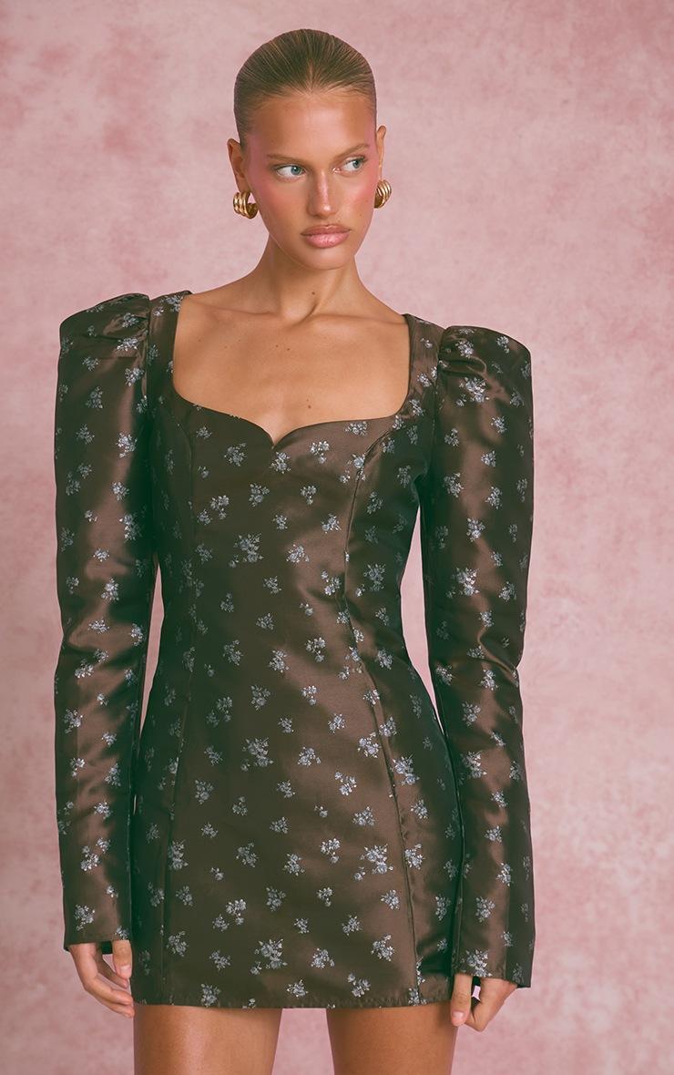 Pretty Little Thing Brown Ditsy Floral Jacquard Puff Sleeve Corset Mini Dress