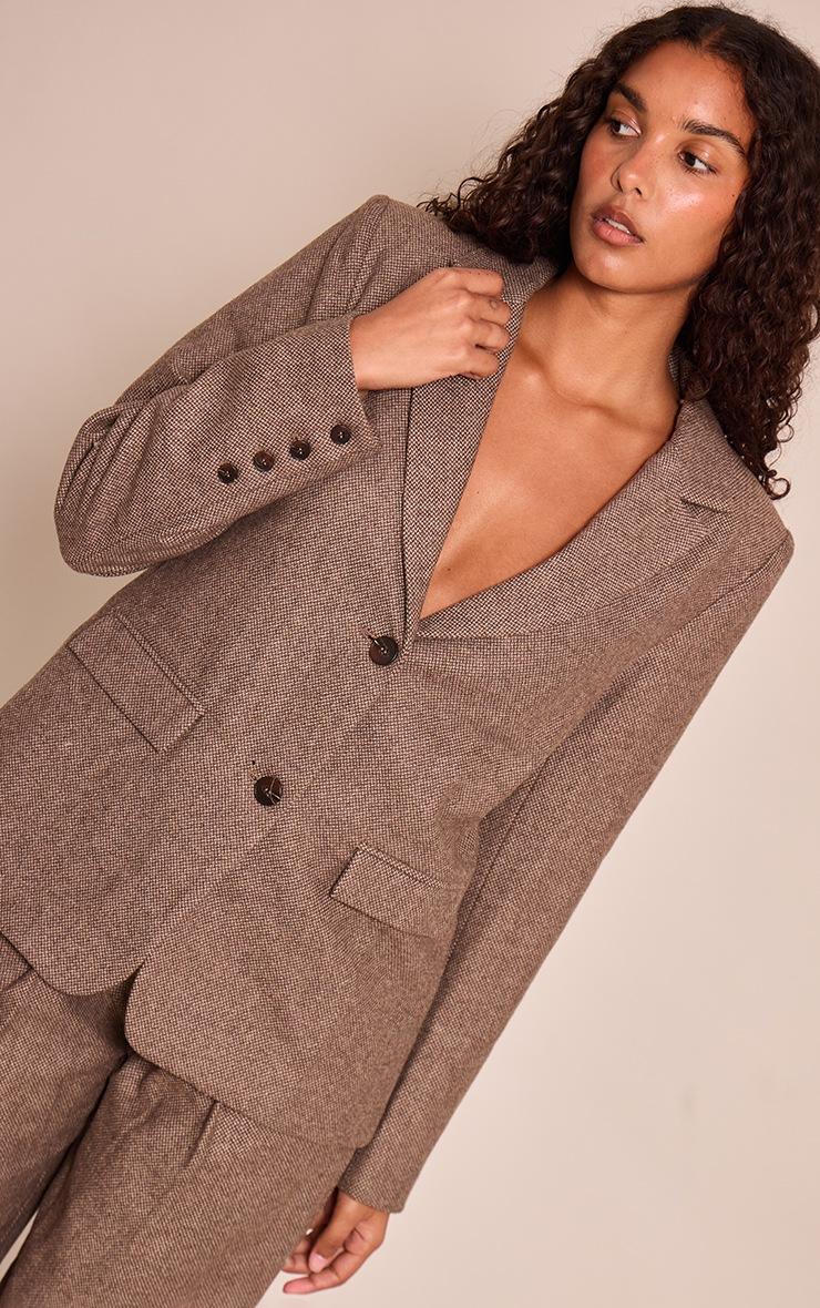 Pretty Little Thing Brown Dogtooth Brushed Tailored Blazer