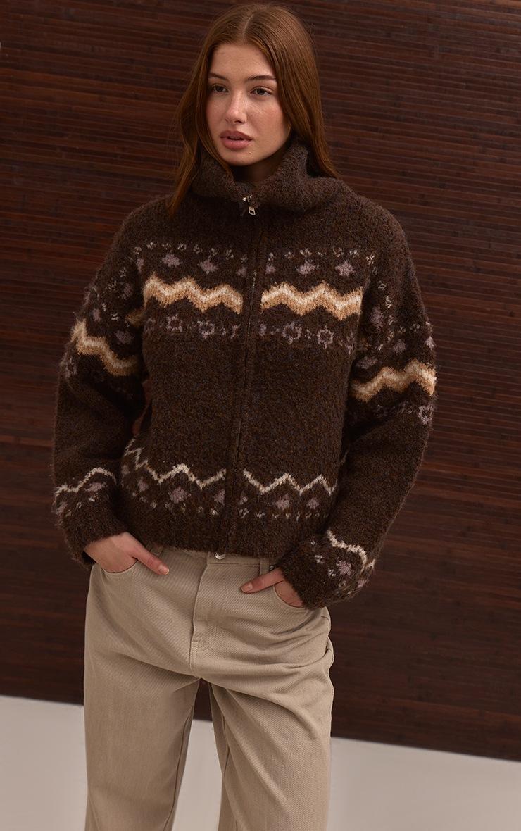 Pretty Little Thing Brown Fairisle Zip Knit Cardigan