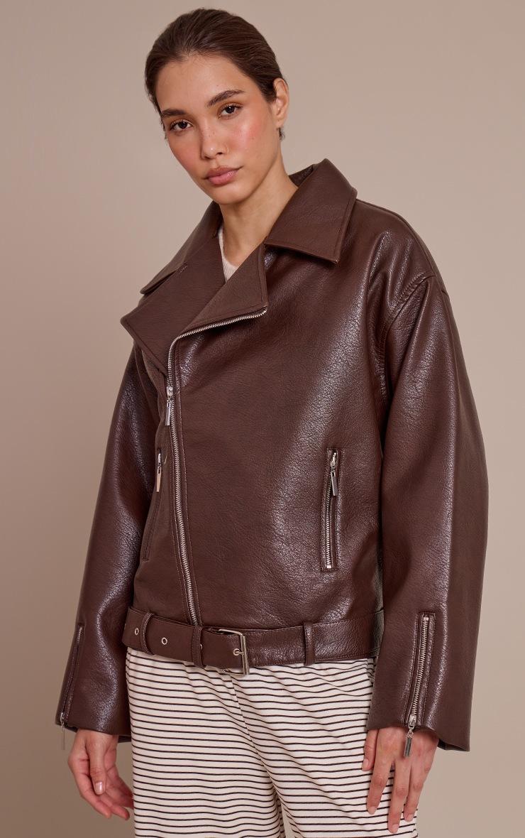 Pretty Little Thing Brown Faux Leather Oversized Biker Jacket