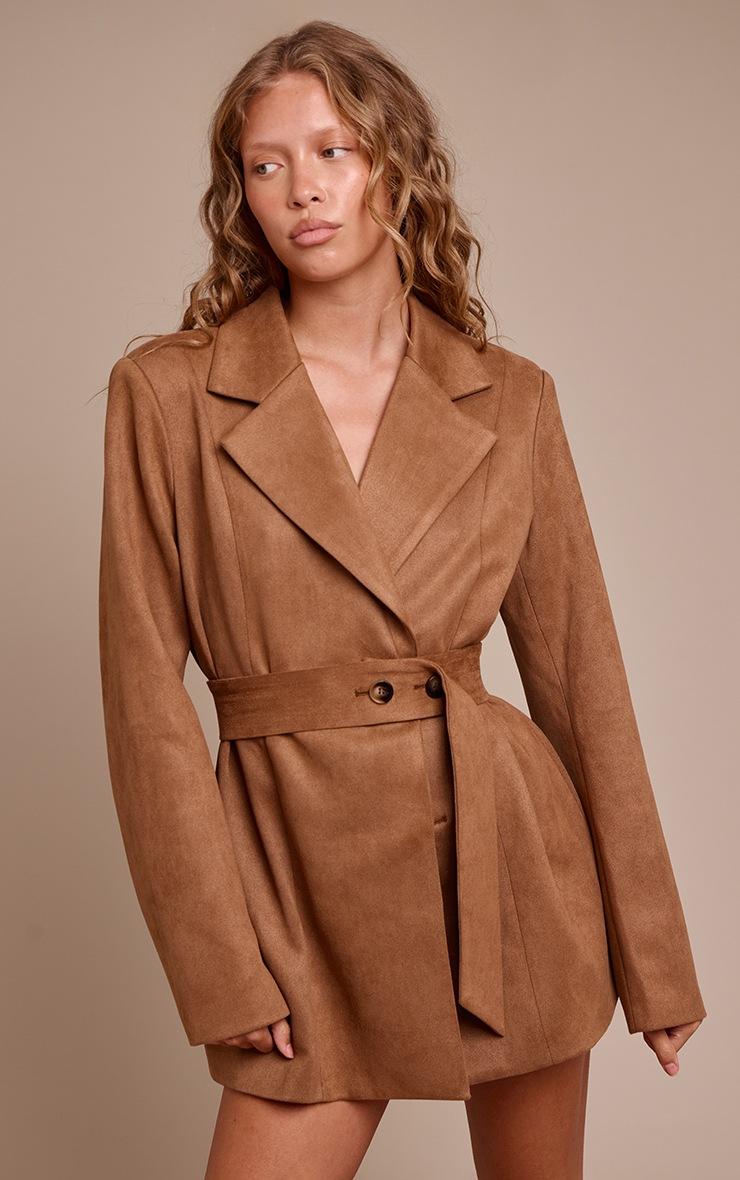 Pretty Little Thing Brown Faux Suede Belt Detail Blazer Dress