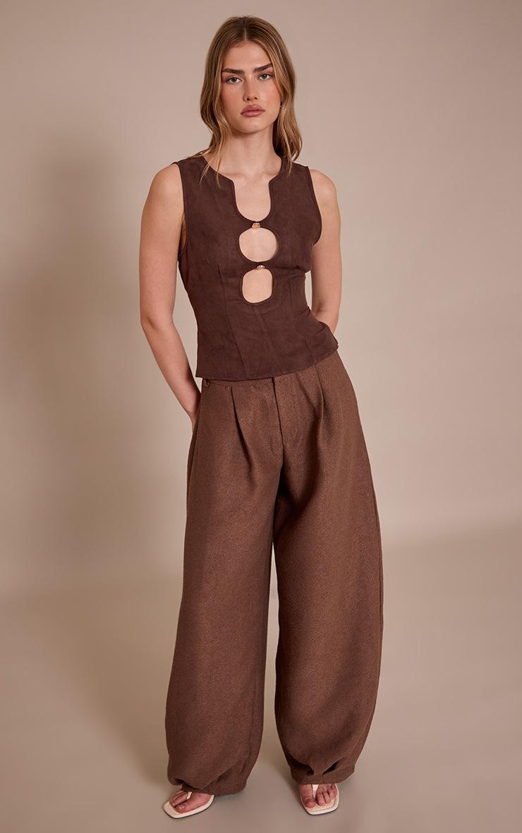 Pretty Little Thing Brown Faux Suede Fitted Cut Out Long Top